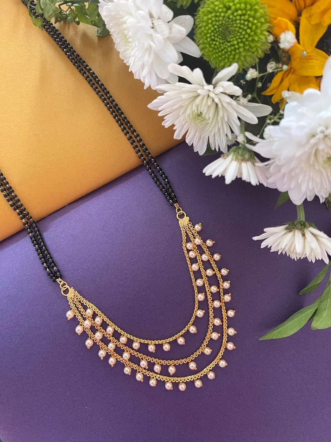 Traditional Marathi Long Mangalsutra Designs 3 Layers With Off-White Moti Double Line Black Beads Chain
