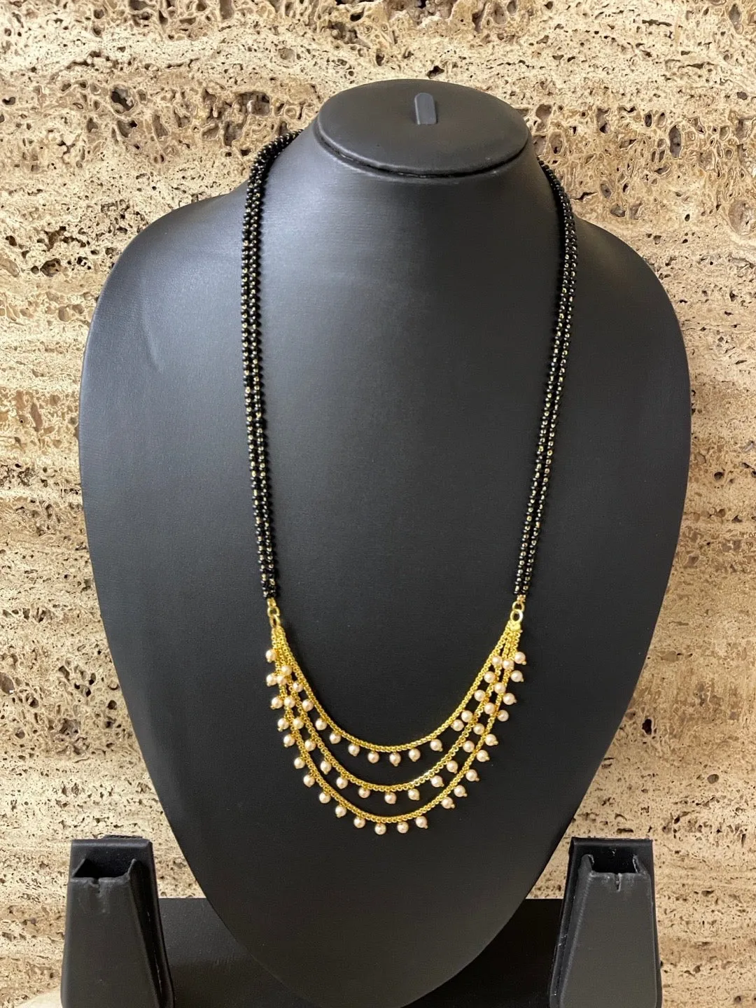 Traditional Marathi Long Mangalsutra Designs 3 Layers With Off-White Moti Double Line Black Beads Chain