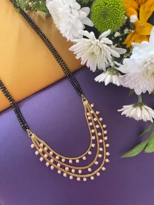 Traditional Marathi Long Mangalsutra Designs 3 Layers With Off-White Moti Double Line Black Beads Chain