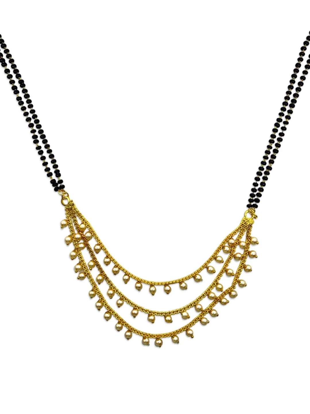 Traditional Marathi Long Mangalsutra Designs 3 Layers With Off-White Moti Double Line Black Beads Chain