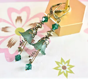 Vintage Victorian Style Emerald Green and Antique Bronze Bell Flower Lucite Earrings