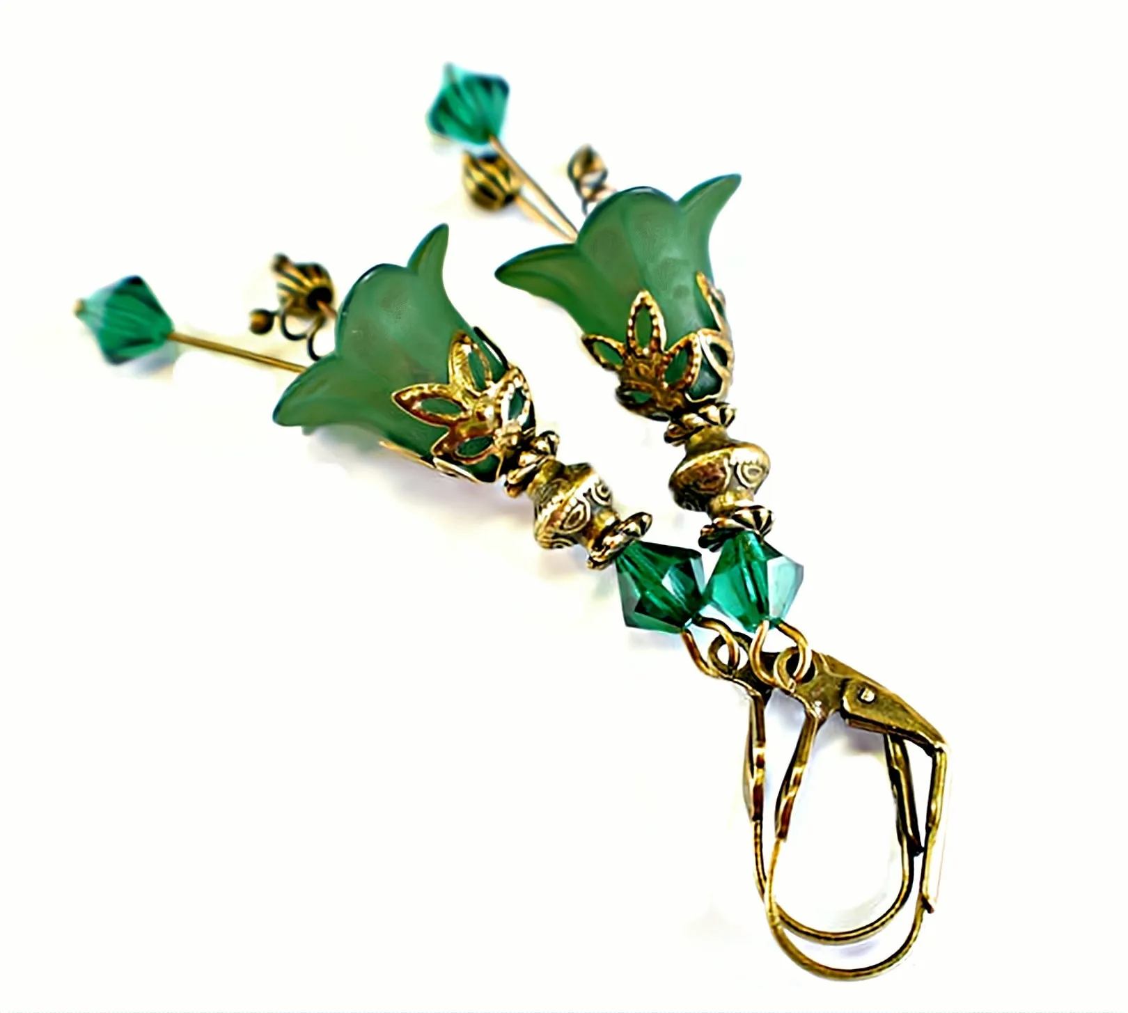 Vintage Victorian Style Emerald Green and Antique Bronze Bell Flower Lucite Earrings