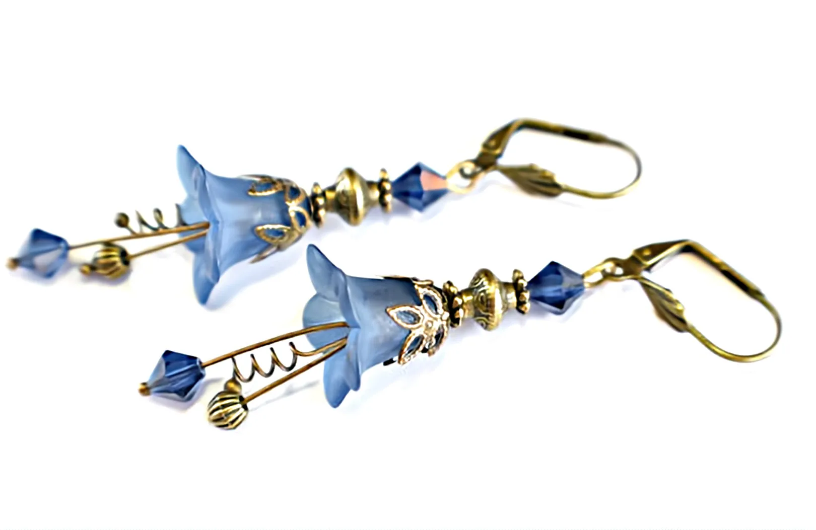 Vintage Victorian Style Navy Blue and Antique Bronze Bell Flower Lucite Earrings