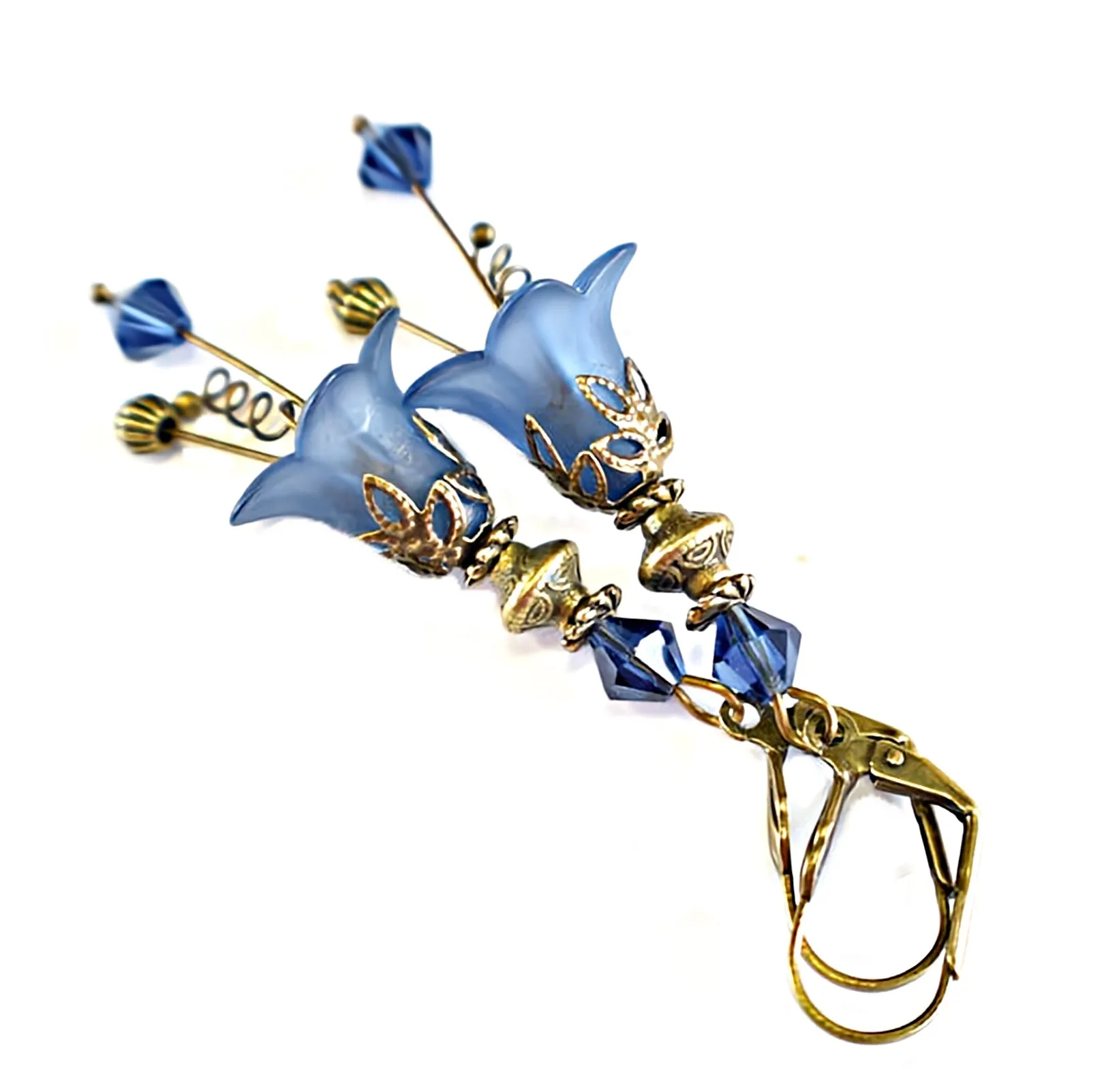 Vintage Victorian Style Navy Blue and Antique Bronze Bell Flower Lucite Earrings