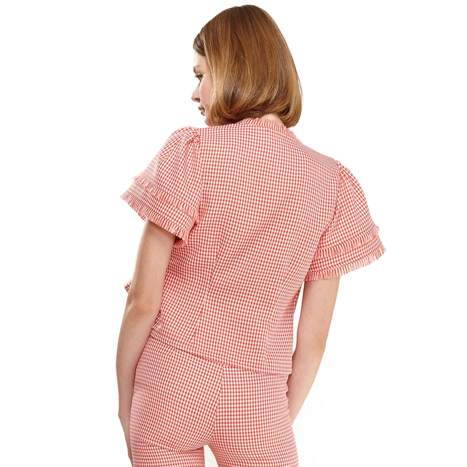 Women's Fringe Trim Gingham Wrap Blouse In Red Gingham