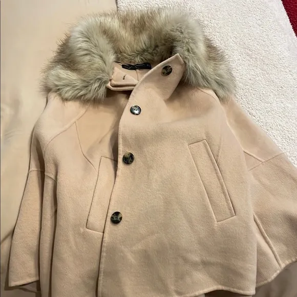 Zara Chic Faux Fur Collar Cape Coat